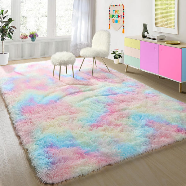 PAGISOFE 4x6 Rainbow Fluffy Soft Plush Area Rugs for Girls Bedroom, Shaggy