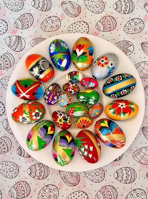 Importer AM Set 12 Polish Easter Handpainted Wooden Eggs (Pisanki) Decorative Eggs for Easter of Medium Eggs