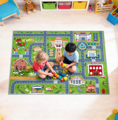 31''x47'' Kids Road Car Rug, Playroom Rugs City Road Race Track Rugs for Playing Cars Toys, Kids Car Rug Play Mat Road