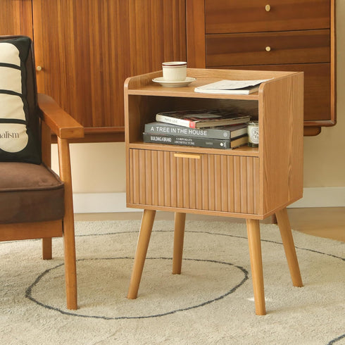 AWASEN Fluted Nightstand, Mid Century Modern Bedside Table with Storage Drawers, Wood Night Stand Bed Side Table
