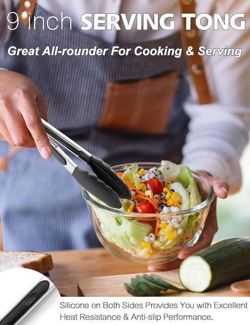 Anaeat Non-Stick Silicone Locking Tongs Set of 2 - 9" and 12" Stainless Steel Kitchen Food Tongs with Non-Slip Tips