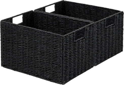 Vagusicc Wicker Basket, Set of 2 Woven Paper Rope Storage Bins with Handles, Foldable Large Cube Organizers in Black