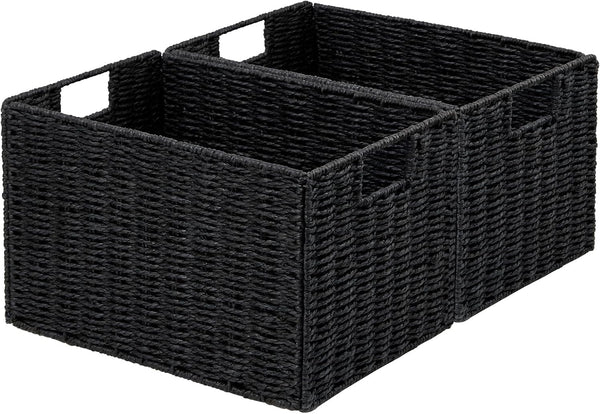 Vagusicc Wicker Basket, Set of 2 Woven Paper Rope Storage Bins with Handles, Foldable Large Cube Organizers in Black