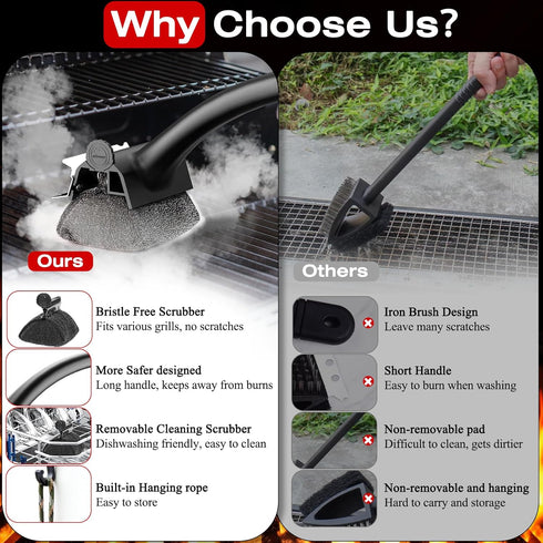 Grill Brush for Outdoor BBQ - Replaceable Bristle Free Heading and Reinforced Scraper - Safe BBQ Brushes