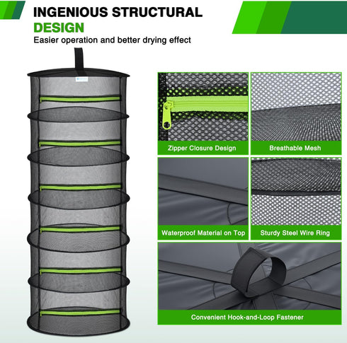 6 24" Closet 2 Yesker Layer Herb Drying Rack Hanging Mesh Net Foldable Plant Drying Racks w Green Zipper Pruning Shears
