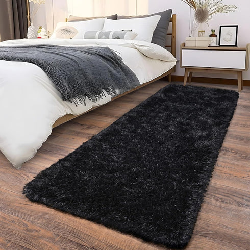 Soft Runner Rugs for Bedroom Hallways - 2x6 Black Fluffy Shag Throw Area Rug Non-Slip for Bedside Dorm Living Room