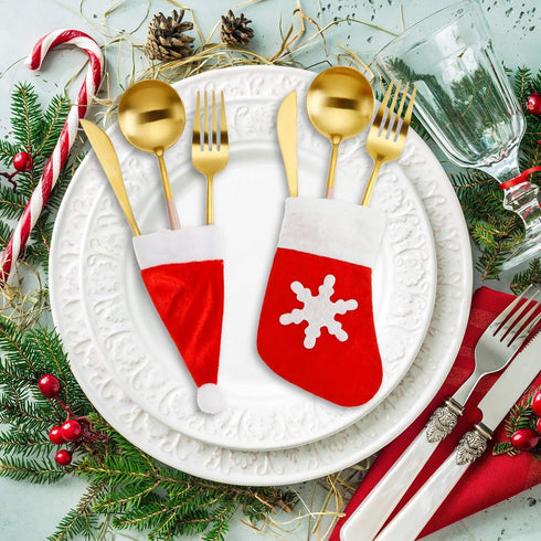 40 Pcs Christmas Silverware Holders, 20 Santa Hats and 20 Christmas Socks Flatware Organizers for Dinner Table