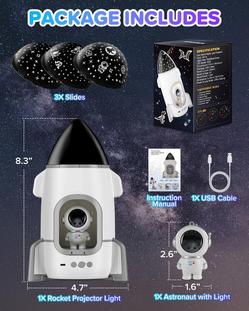 360 Rocket Night Light Projector for Kids Boys Toddlers Sensory Toys with Music&Films,Nightlight Lamp Astronaut Ceiling