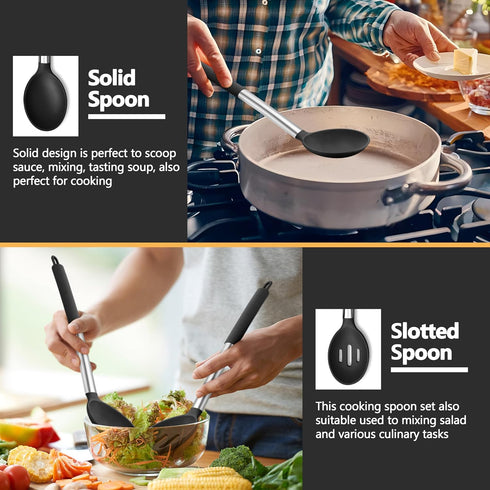 P&P CHEF Black Silicone Cooking Utensil Set of 4, Heat-proof Spatulas, Slotted Spoons, Turners for Non-stick Cookware