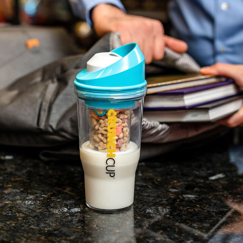 CRUNCHCUP XL Blue - Portable Plastic Cereal Cup for Breakfast On the Go, To Go Cereal and Milk Container, No Spoon