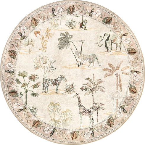 jinchan 5ft 5' Round Rug Beige Jungle Animals Print, Machine Washable Circle Modern Soft Non-Slip Forest Plant Throw
