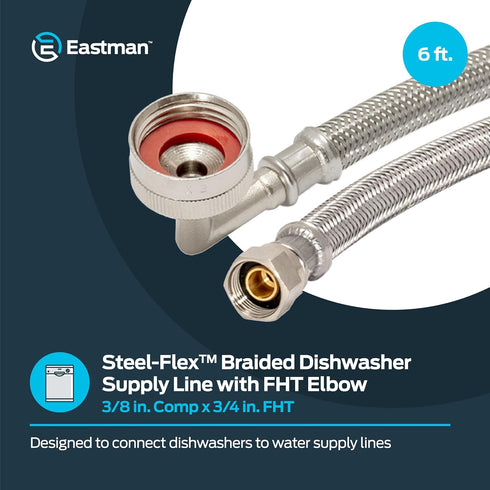 Eastman 6 Foot Dishwasher Supply Line, 3/8 Inch Compression x 3/4 Inch FHT Elbow, Braided Stainless Steel