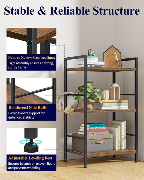 3-Tier (16.5"11.0"28.1") Kitsure Book Shelf - Wood & Metal Bookshelf with Handle & Adjustable Feet, Lightweight