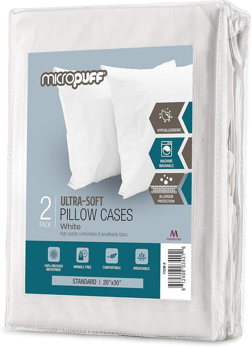 Micropuff Standard Size Pillow Cases, 2 Pack, Soft Hypoallergenic Pillow Cover, 20x30