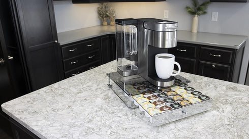 Nifty Rolling Coffee Pod Drawer with Glass Top & Chrome Finish, Compatible with K-Cups, 36 Pod Pack Holder for Kitchen