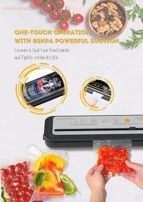 MEGAWISE 202309 Updated Model B w/ 4 Food Type/3 Bag Type Selection Food Vacuum Sealer Builtin Cutter for Fresh Saver of all food types moist, dry cold by MEGAWISE