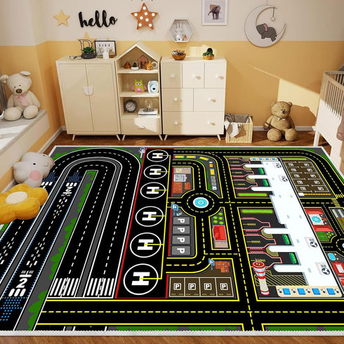 39''x59'' Kids Car Rug Carpet Playmat for Play Toy Cars, Airplane Road Airport Parking Track Rugs Carpet for Playroom
