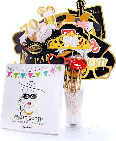 Konsait 70th Birthday Party Photo Booth Props (50 Counts) Black and Gold Decorations for Him Her