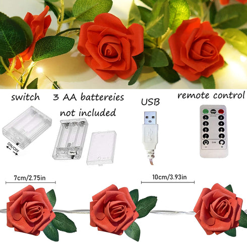 3.3) Rose Vine Lights with Remote, Battery or USB Operated Artificial Flower Garland, Hanging Fairy Lights for Bedroom