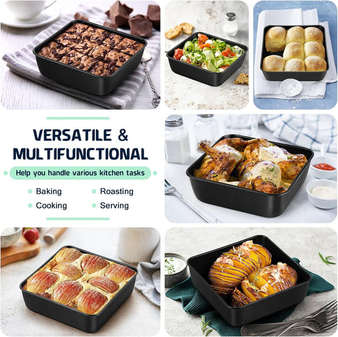 P&P CHEF Nonstick 6 Inch Square Baking Cake Pans, Small Deep Baking Pan for Cake, Lasagna, Pie, 4 Pieces, Black