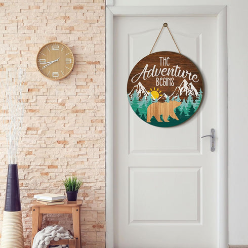 12 12'' Chunful The Adventure Begins Wooden Hanging Sign, x Woodland Nursery Decor, Green Trees Brown Background
