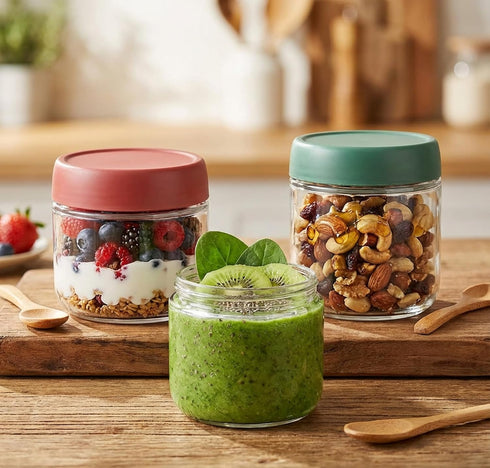 Povinmos 3Pack Lids,10oz Overnight Oats Containers with Glass Jar with Scew Lid,Salad Dressing Fruit Veggies Sauce