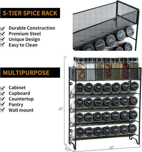 28 Set Countertop, Skiileor Spice Rack Organizer with Spice Jars, Black LidsSpice Labels, Chalk pen and Funnel