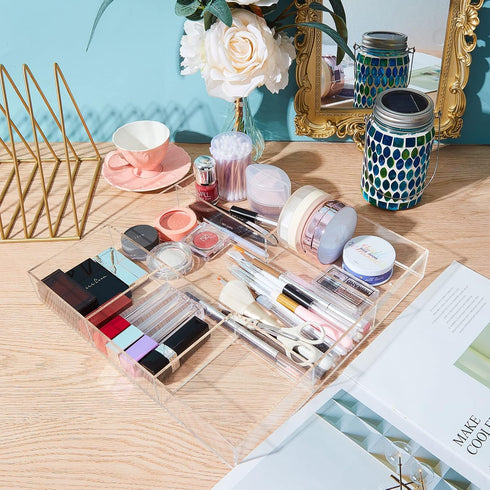 Clear Drawer Organizer, 2 Pieces with 6 Sections & Dividers, Acrylic Makeup Tray for Desk Storage