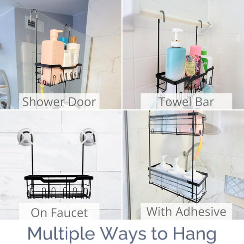 Black Shower Caddy Hanging, Rust-Proof 304 Stainless Steel with Rotatable Hooks for Bathroom Essentials