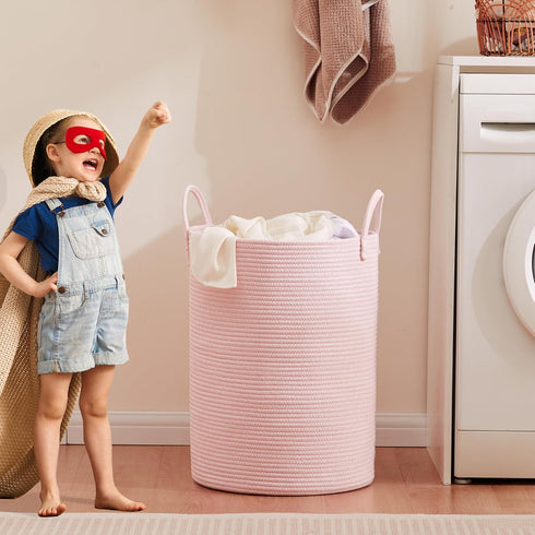 15x20 Inches, 60L Large Pink Laundry Basket Woven Rope Hamper for Baby Girls and Kids, Tall Nursery Storage Bin, Kawaii