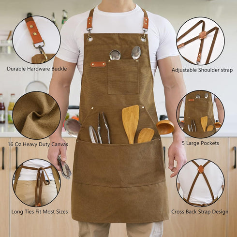 Canvas Aprons for Men, Heavy Duty Chef Work Apron with Large Pockets - 16oz Cross Back, BBQ, Cooking