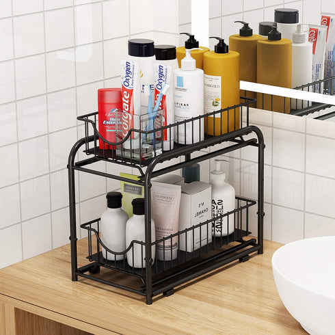 AIYAKA Pull-out Cabinet Organizer, Stackable 2-tier Under Sink Rack with Sliding Storage Drawer for Bathroom, Kitchen,