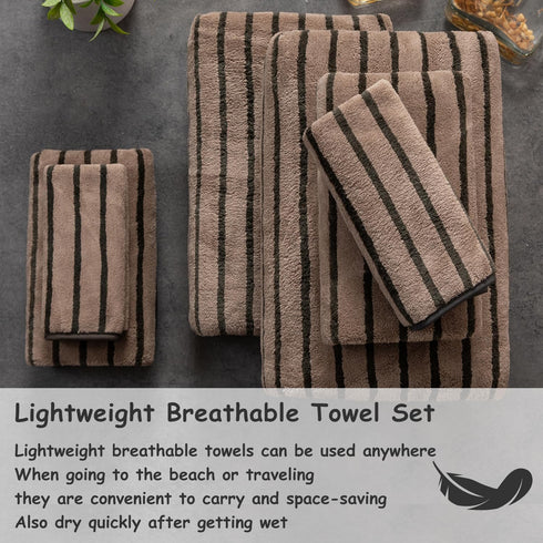 8 Set-2 Towels,2 Towels,4 600GMS Pcs Polyester Brown Cabana Stripe Large Bath Towel Bathroom Hand Washcloths