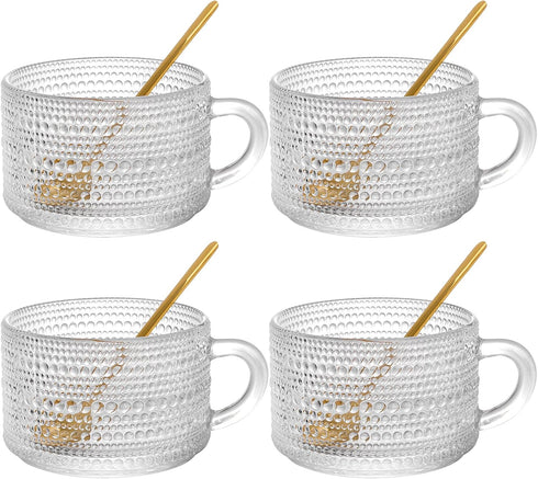 Set 4 14 Oz Set ZOOFOX of Glass Coffee Mugs, Clear Glass Cups with Golden Spoons, Vintage Embossed Coffee Cups