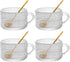 Set 4 14 Oz Set ZOOFOX of Glass Coffee Mugs, Clear Glass Cups with Golden Spoons, Vintage Embossed Coffee Cups