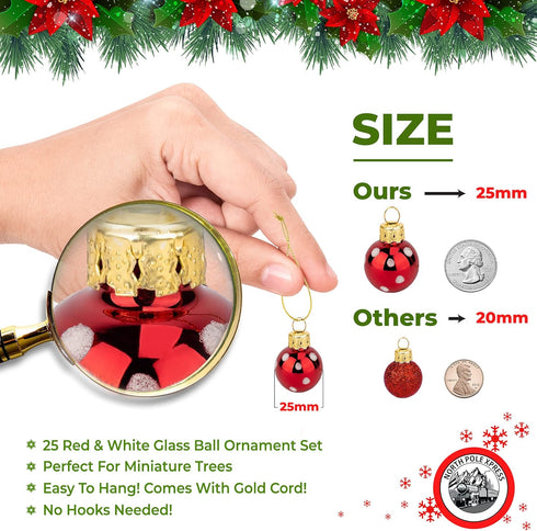 1 Inch Mini Red & White Peppermint Glass Ball Christmas Ornaments, Set of 25, Rustic Decorations for Trees