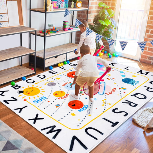 Rug,59x39 Soft ABC Kids in Washable Large Classroom Rug,Non-Slip Educational Nursery Rug,Solar System Kids Room Rug