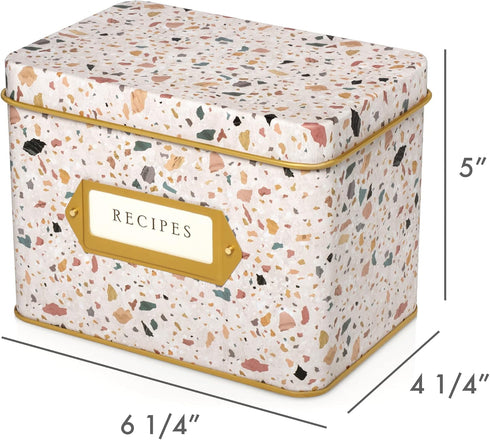 Jot & Mark Decorative Recipe Tin Box: Holds Hundreds of 4” x 6” Recipe Cards (Terrazzo)