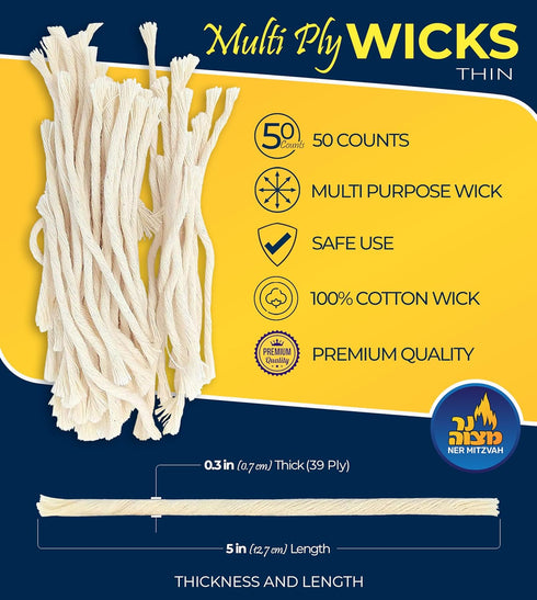 Ner Mitzvah Natural Smokeless Cotton Wicks – Replacement Wicks for Oil Cup Candle – 50 Count (Approx.) 39 Ply Thin