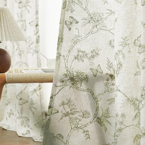 84 Inch 2 Lazzzy Charlotte Green Floral Curtains Length Linen Farmhouse Curtain Back Tab Drapes for Living Room Bedroom