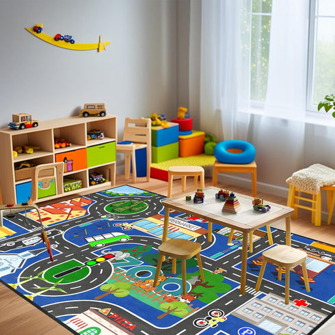 4.5x6 Road Rug for Kids - Car Rug Play Mat for Boys Room, Blue Road Carpet Playmat Fun Race Track Car Carpet for Kids