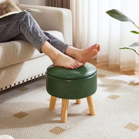 13 Inch WBD023GR IBUYKE Foot Stool Ottoman with Storage, Round Small Foot Rest with Padded Seat and Wood Legs, PU Faux