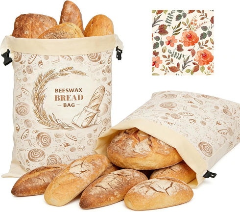 WGXY 2 Pack Reusable Beeswax Bread Bags for Sourdough & Homemade Bread, 17x13-Inch