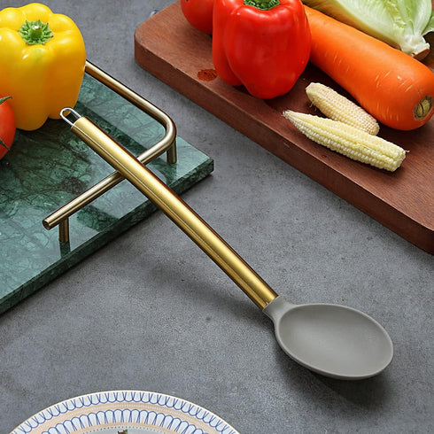 Berglander Gold Cooking Spoon, Non-stick Silicone Basting Spoon with Titanium Gold Plating Handle, Dishwasher Safe