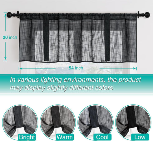 Home Queen Linen Look Tie Up Valance Curtain, Semi Sheer Balloon Valence for Living Room and Bedroom, Black