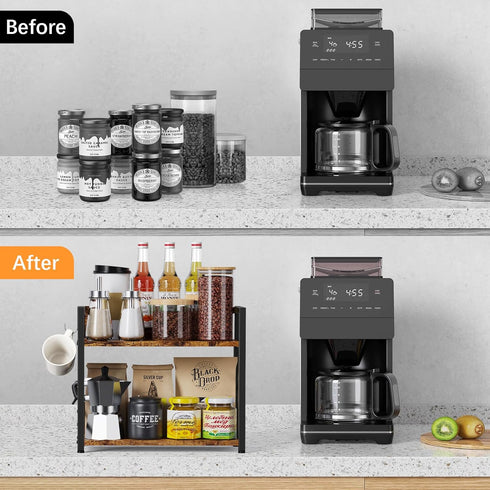 Coffee Bar Station Organizer Shelf for Countertop, 2 Tiers Wooden Spice Rack, Rustic Brown Large Desk Shelf Riser