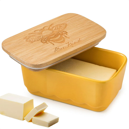 Covered Butter Dish with Lid, Large Yellow Butter Holder for Countertop, Airtight Seal Container for East West Coast