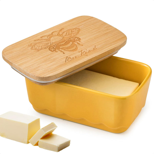 Covered Butter Dish with Lid, Large Yellow Butter Holder for Countertop, Airtight Seal Container for East West Coast