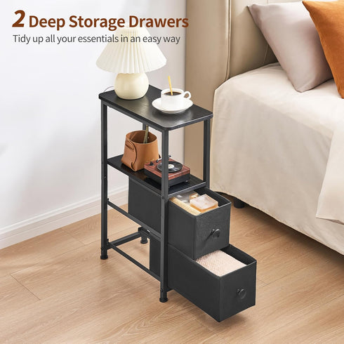 DALEMHOME 2 HKET1200BK End Table, Narrow Side Table with Fabric Drawers, Slim Nightstand, Small Bedside Table