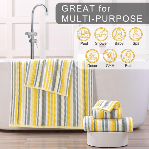6PC 100% 13"x13", Set, Set Yellow Striped Washcloths - Cotton, Quick Dry, Soft, Absorb & Lightweight, Washcloth Striped